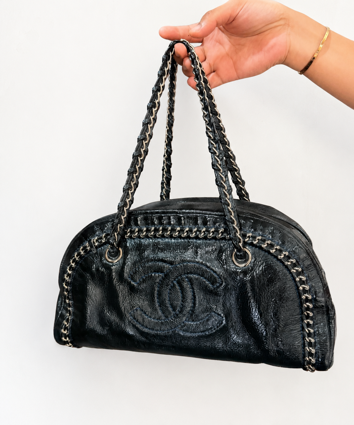 CHANEL Black Patent Leather LUXE LIGNE  Bowler Bag pre-owned with card