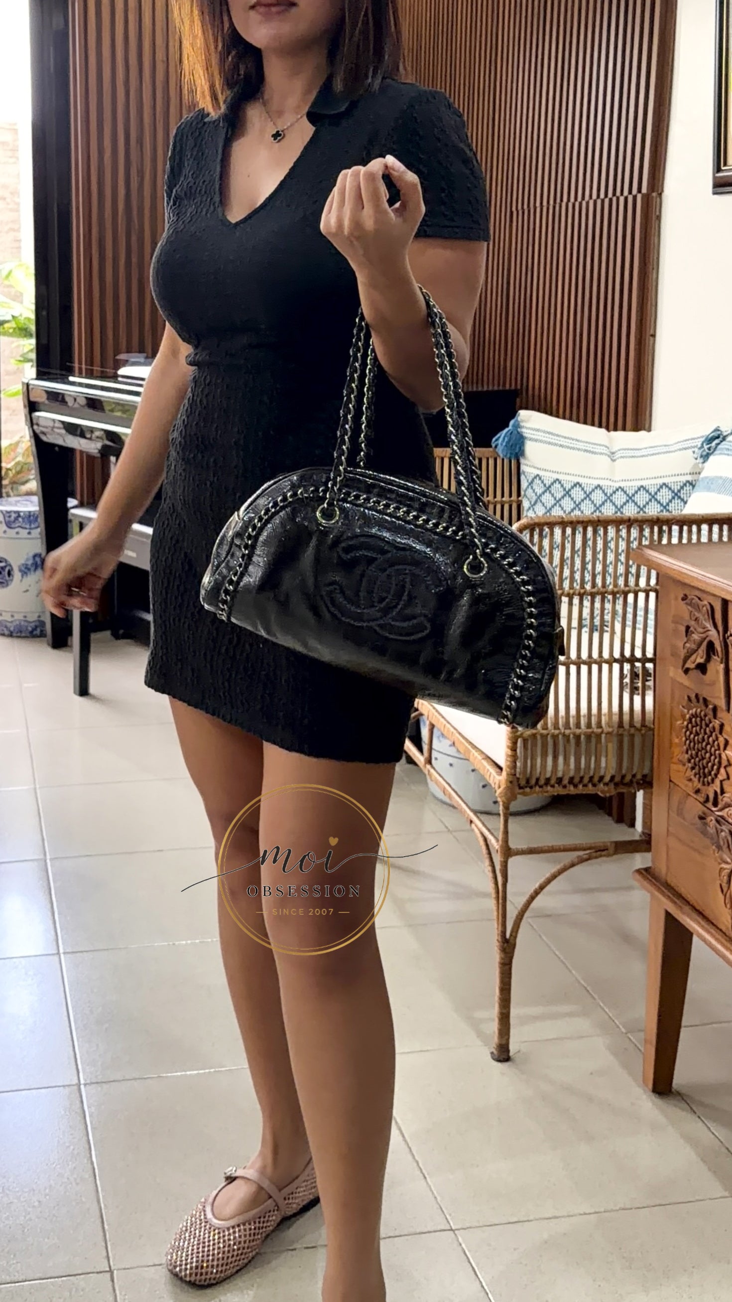 CHANEL Black Patent Leather LUXE LIGNE  Bowler Bag pre-owned with card