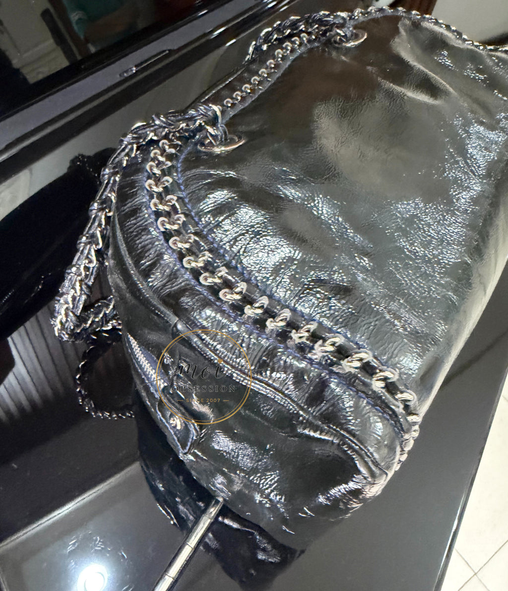 CHANEL Black Patent Leather LUXE LIGNE  Bowler Bag pre-owned with card