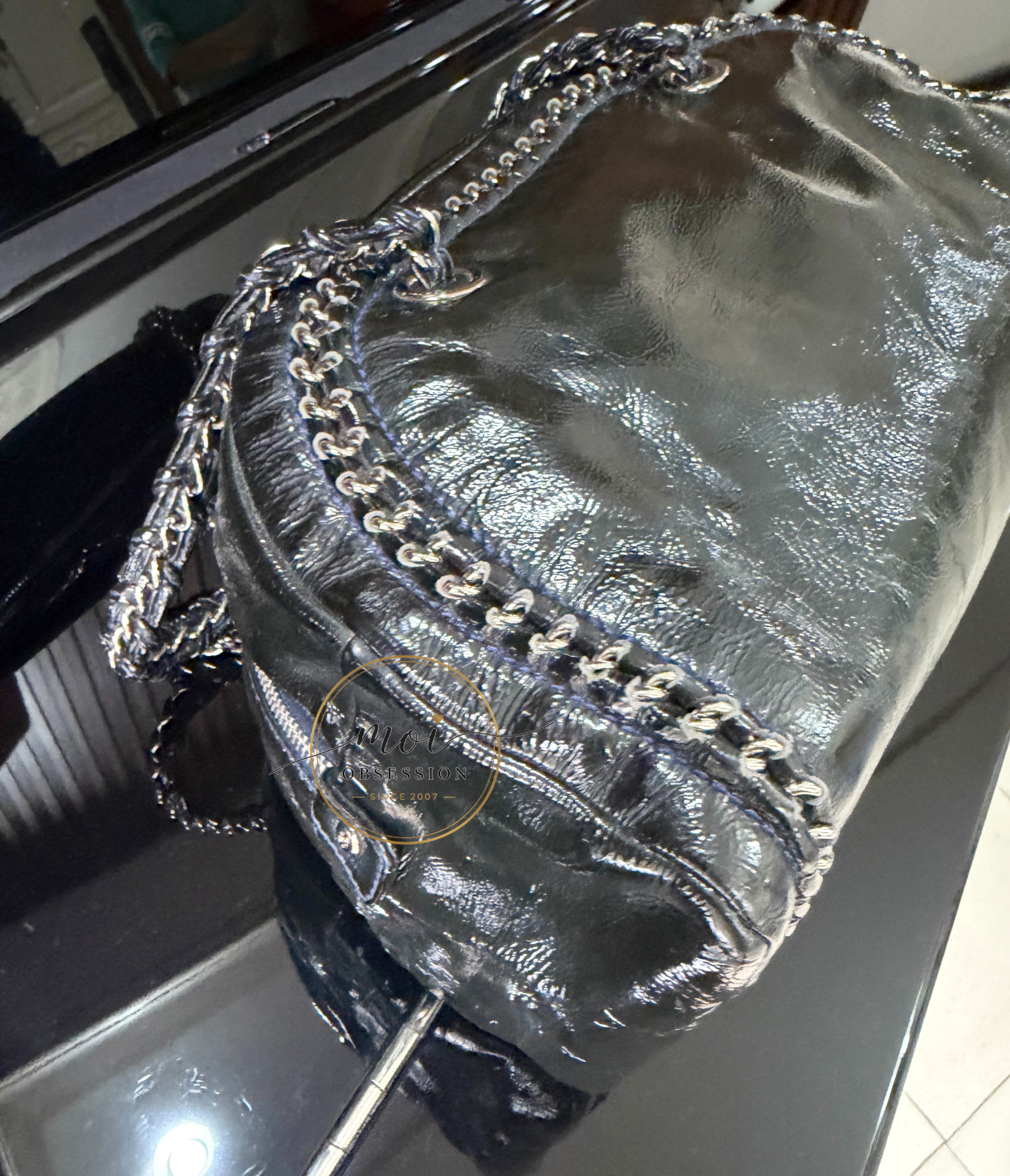 CHANEL Black Patent Leather LUXE LIGNE  Bowler Bag pre-owned with card