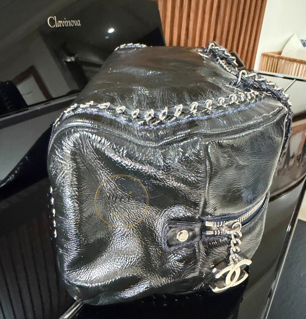 CHANEL Black Patent Leather LUXE LIGNE  Bowler Bag pre-owned with card