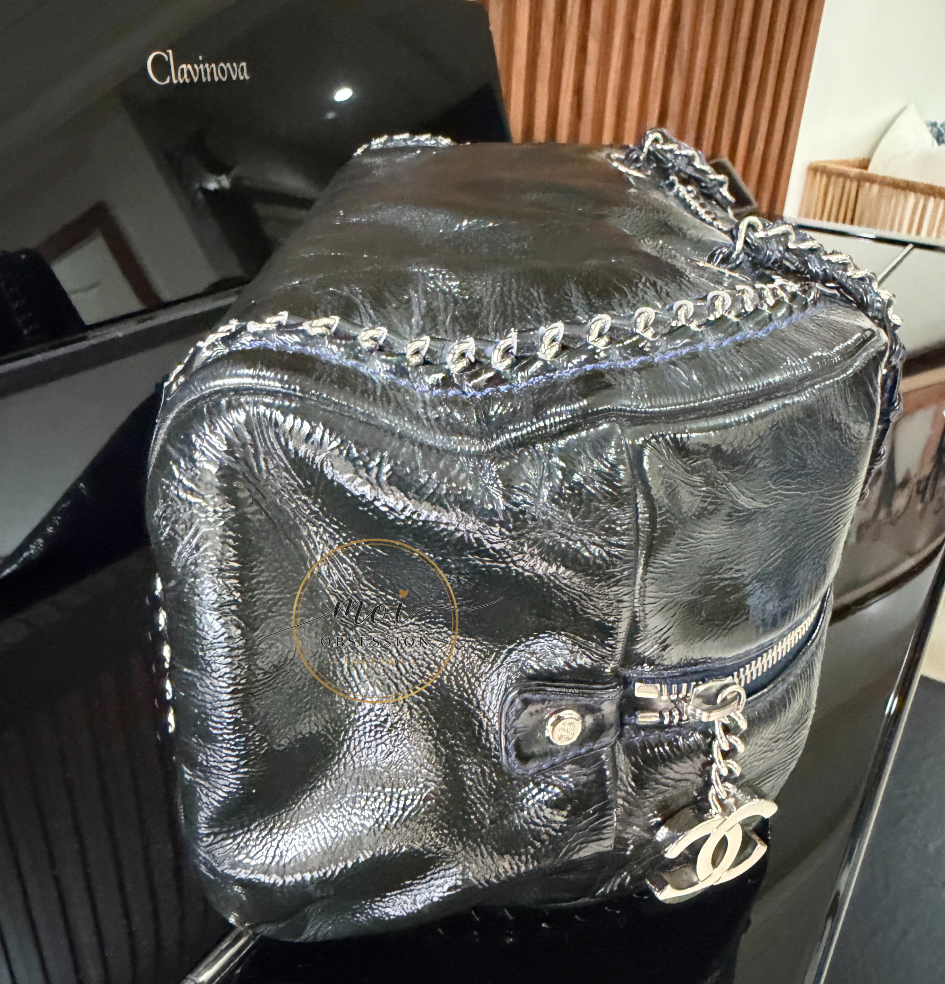 CHANEL Black Patent Leather LUXE LIGNE  Bowler Bag pre-owned with card