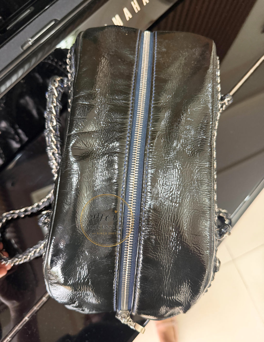 CHANEL Black Patent Leather LUXE LIGNE  Bowler Bag pre-owned with card