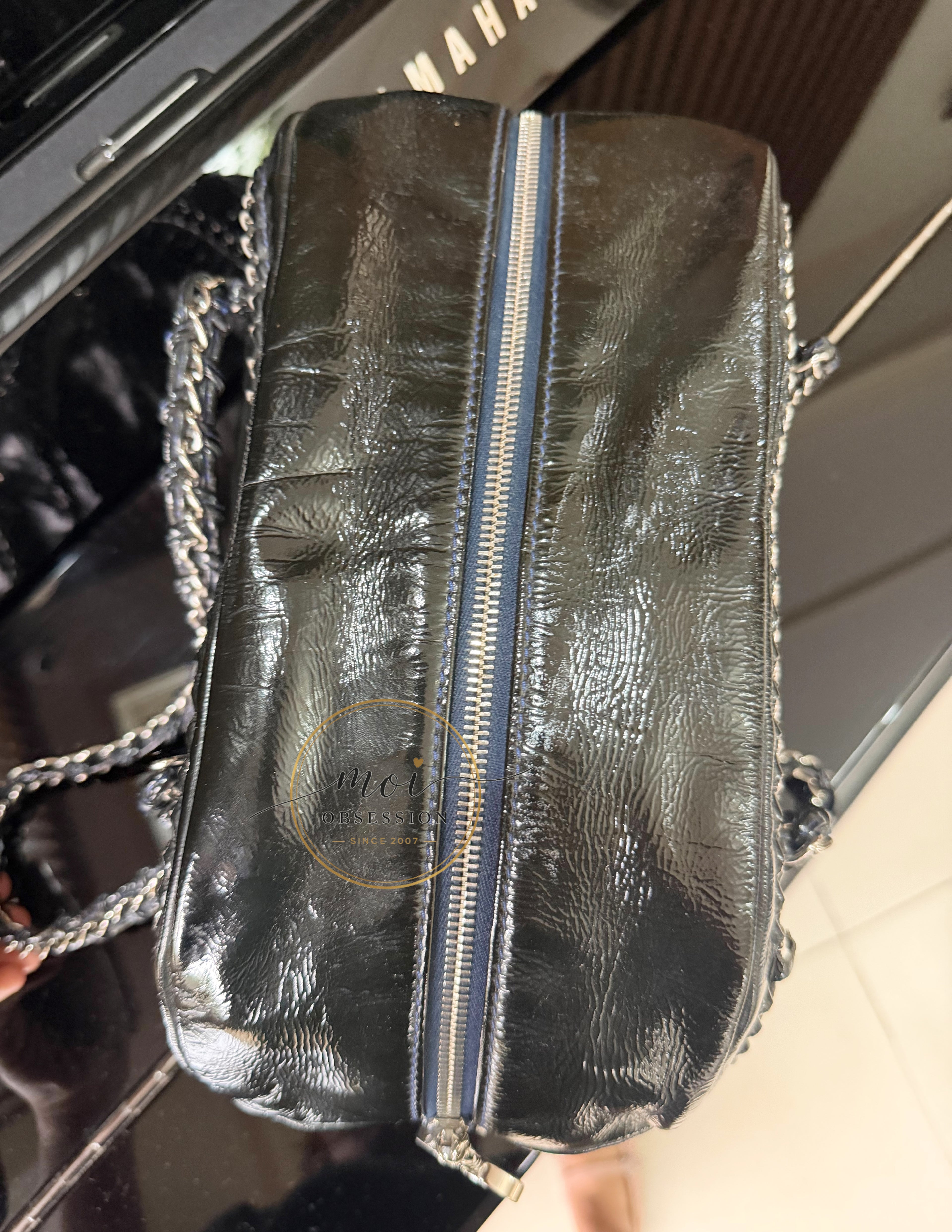 CHANEL Black Patent Leather LUXE LIGNE  Bowler Bag pre-owned with card