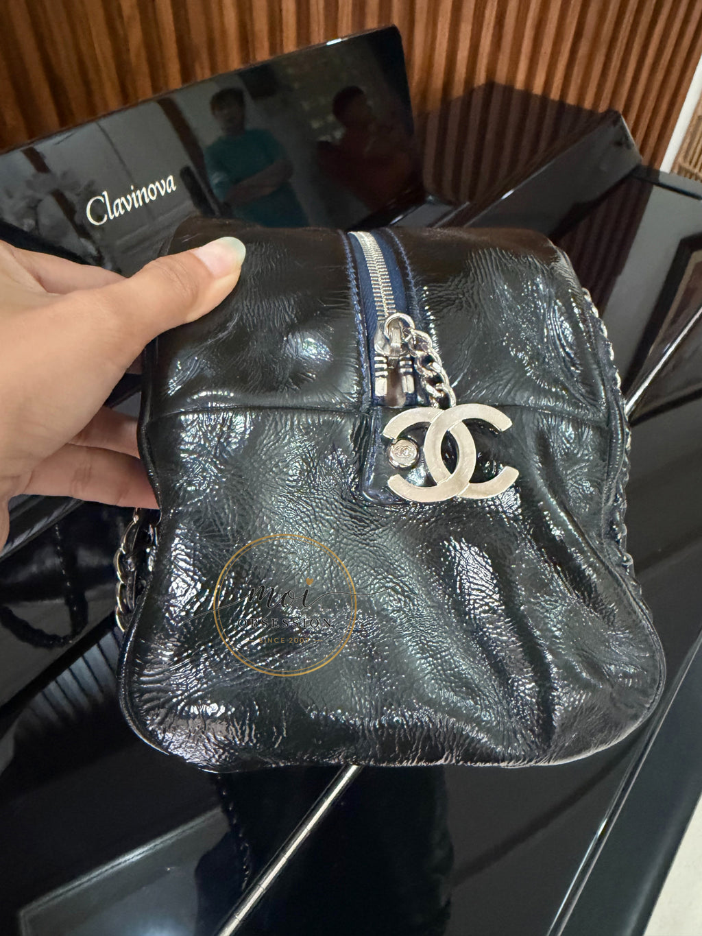 CHANEL Black Patent Leather LUXE LIGNE  Bowler Bag pre-owned with card