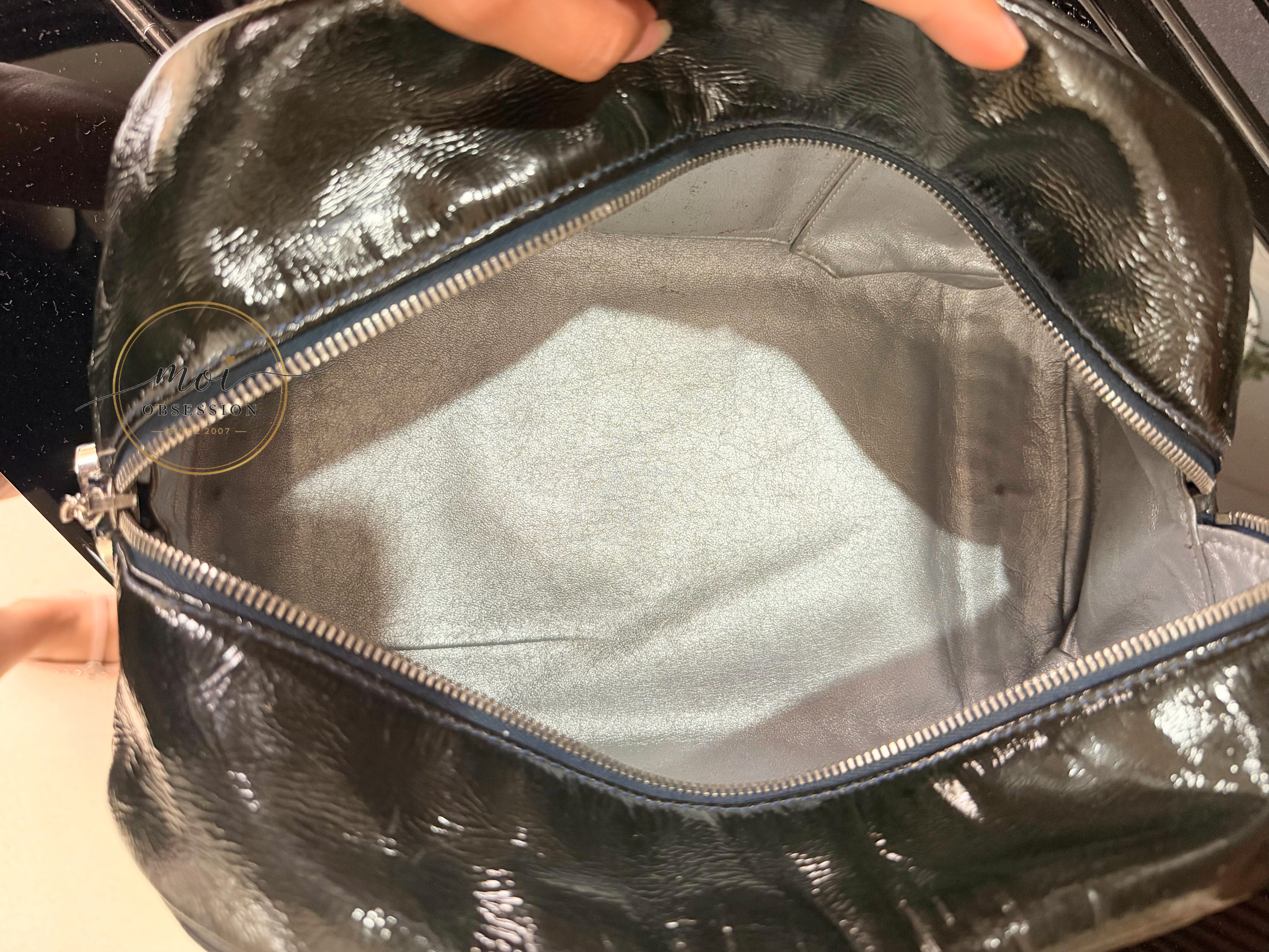CHANEL Black Patent Leather LUXE LIGNE  Bowler Bag pre-owned with card
