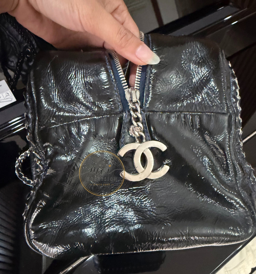 CHANEL Black Patent Leather LUXE LIGNE  Bowler Bag pre-owned with card