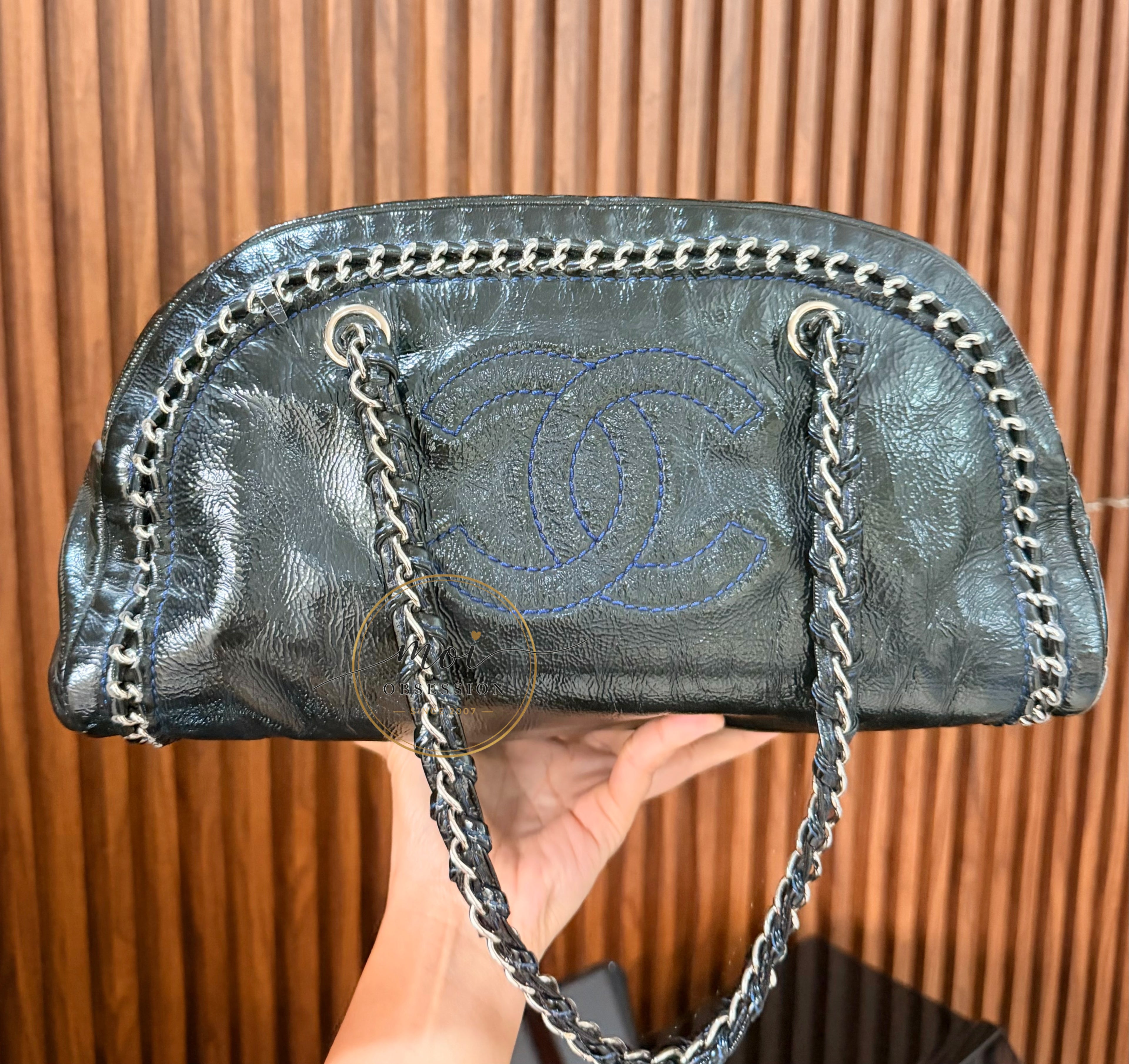 CHANEL Black Patent Leather LUXE LIGNE  Bowler Bag pre-owned with card