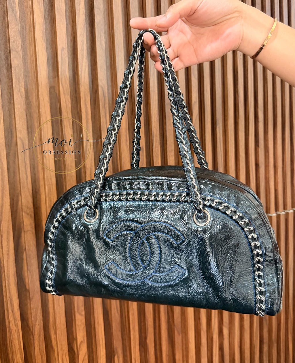 CHANEL Black Patent Leather LUXE LIGNE  Bowler Bag pre-owned with card